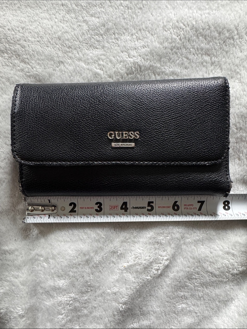 Guess Black Pebbled Leather Trifold Wallet with Gold Accent